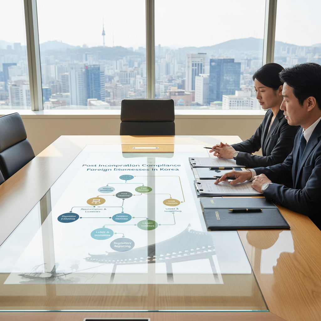 Illustration depicting compliance processes for foreign companies in South Korea, emphasizing legal and tax obligations.