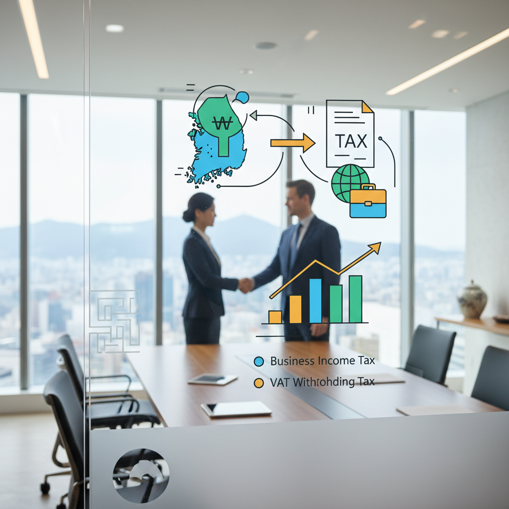 An illustration depicting tax obligations for foreign businesses operating in Korea.