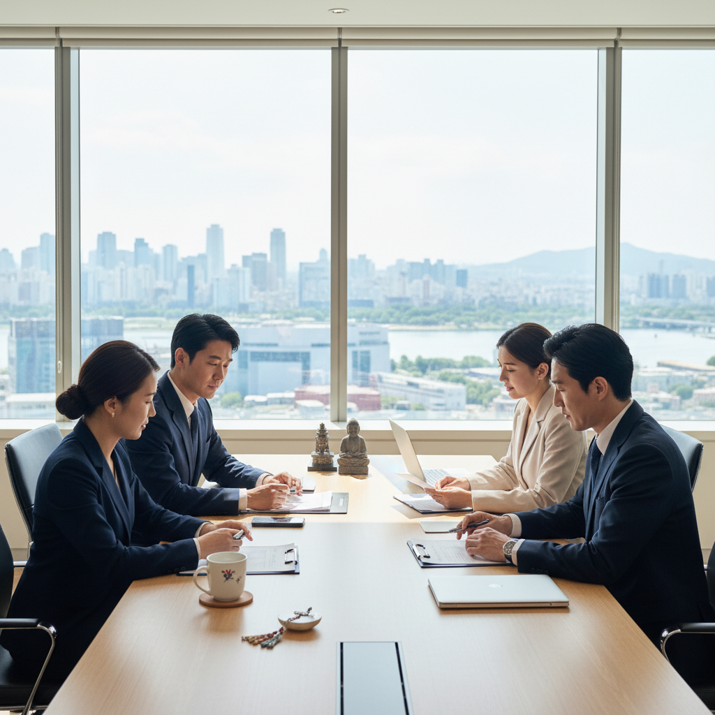 A professional scene depicting business professionals engaged in discussions related to company formation in South Korea.