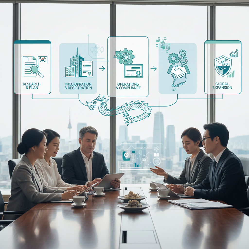 An illustration depicting the steps and costs involved in forming a company in South Korea.