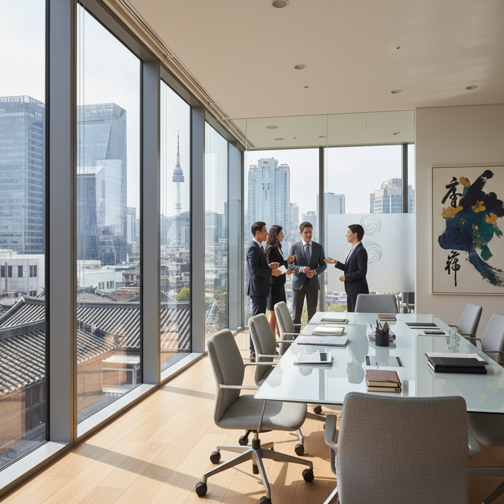 An illustration of a vibrant business landscape in South Korea showcasing modern architecture and technology.